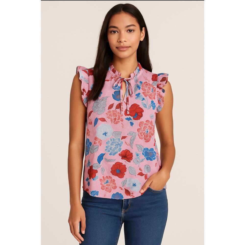 BB Dakota by Steve Madden Floral Ruffle Sleeveless Top M Pink Blue Cotton NWT